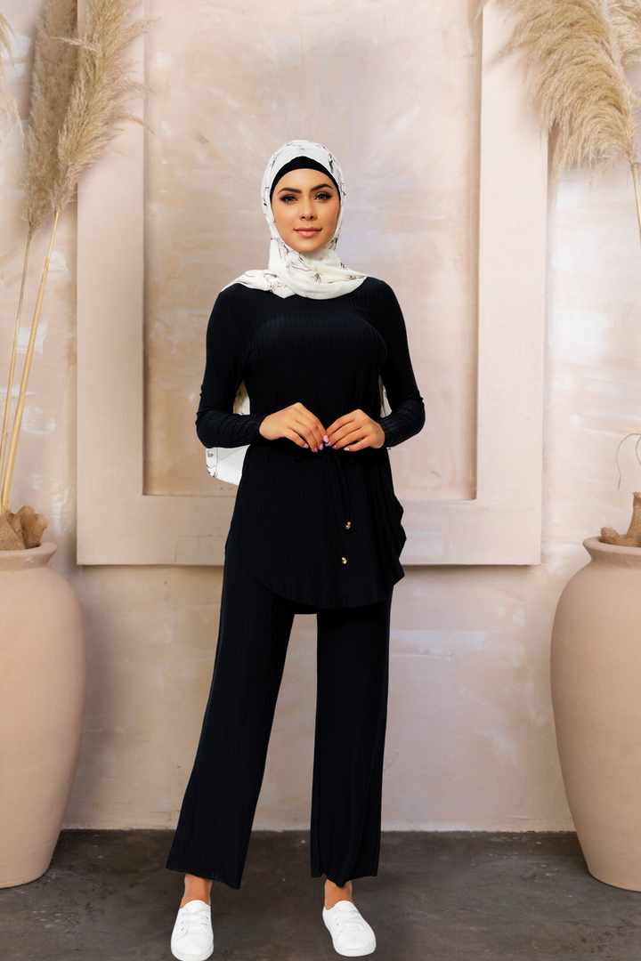 Black Ribbed Tunic & Pants Set-PREORDER