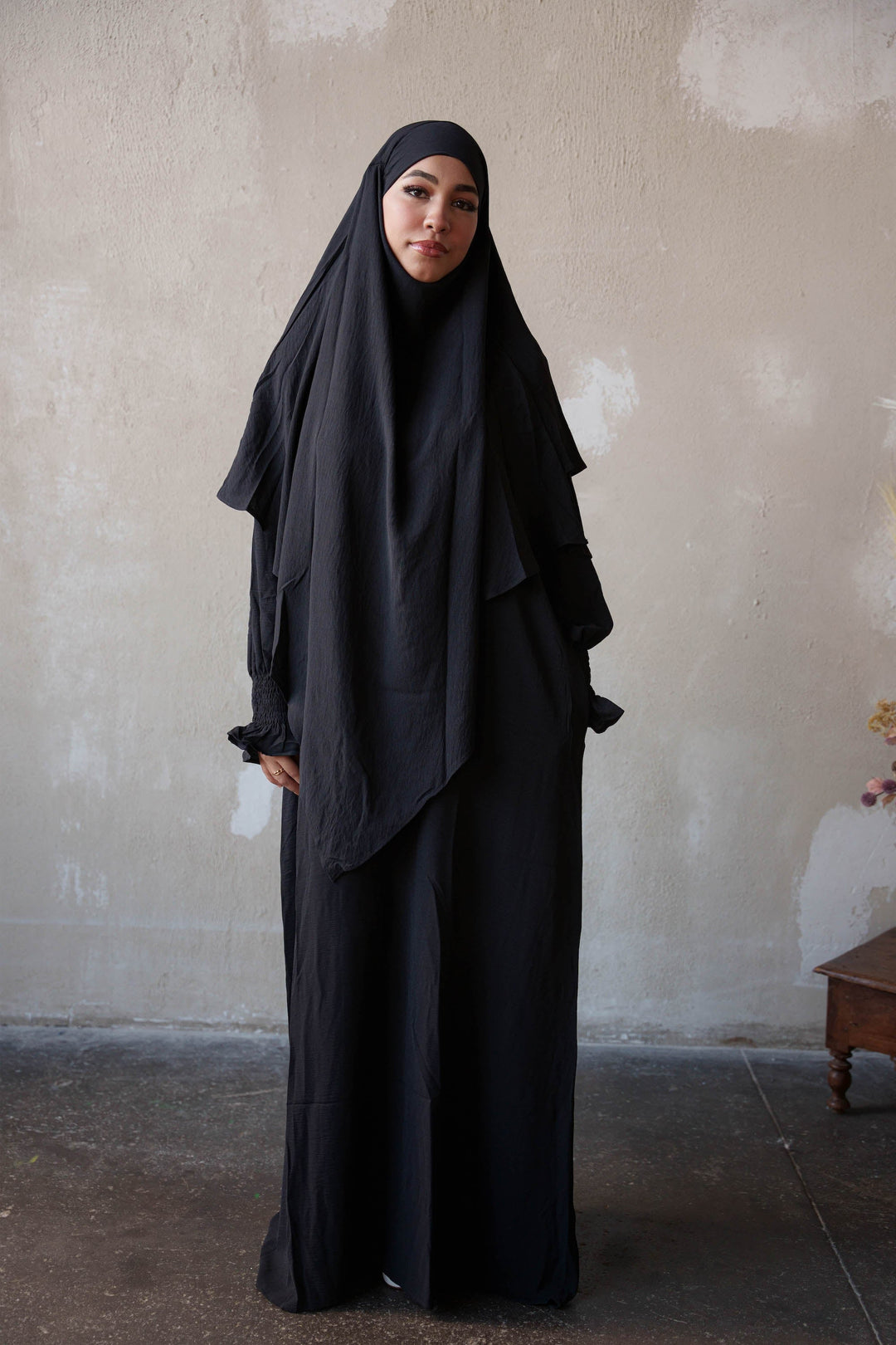 Black Ruched Cuff Bell Sleeves Abaya Maxi Dress