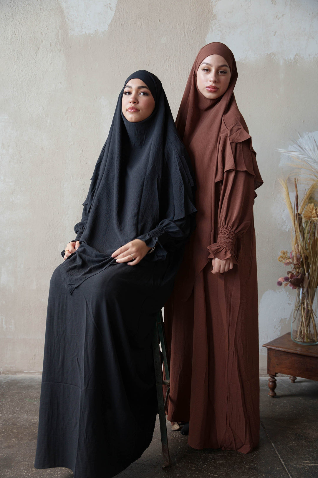 Black Ruched Cuff Bell Sleeves Abaya Maxi Dress