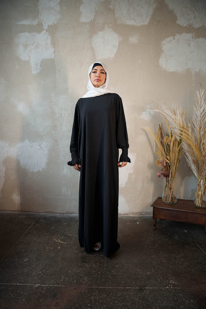 Black Ruched Cuff Bell Sleeves Abaya Maxi Dress