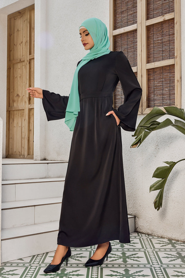 Black Satin Kimono Sleeves Maxi Dress-CLEARANCE