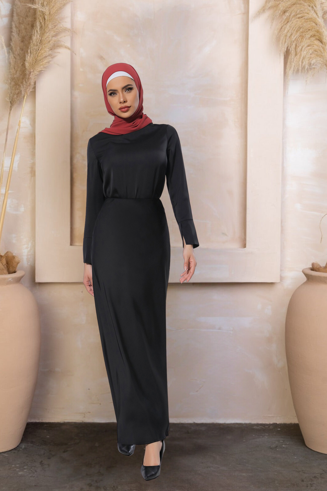 Black Satin Long Sleeve Skirt Set