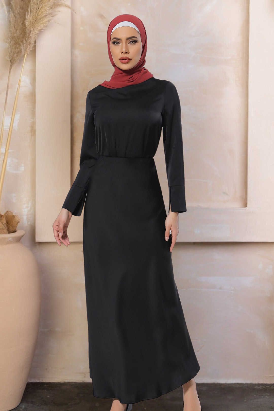 Black Satin Long Sleeve Skirt Set