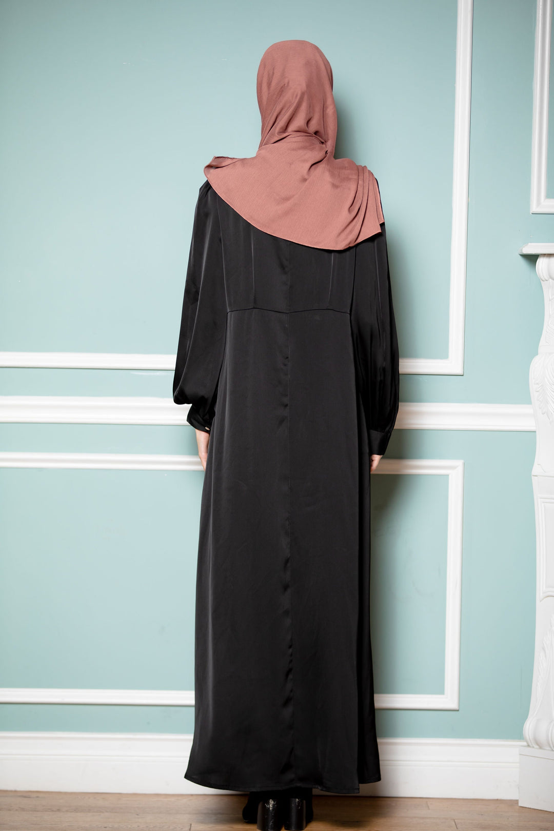 Black Satin Pockets Long Sleeves Maxi Dress-CLEARANCE