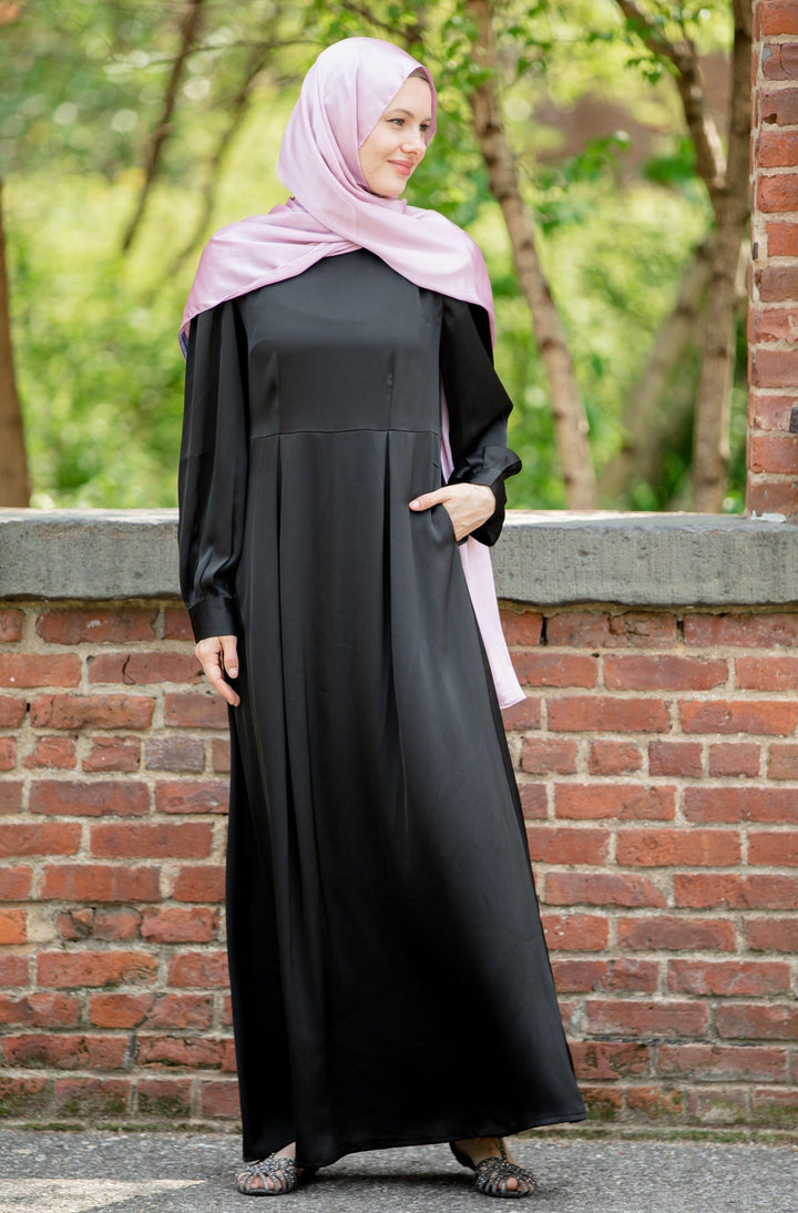 Black Satin Pockets Long Sleeves Maxi Dress-CLEARANCE