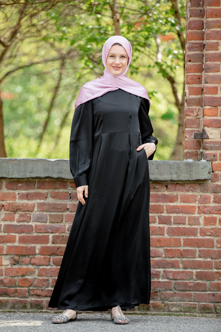 Black Satin Pockets Long Sleeves Maxi Dress-CLEARANCE