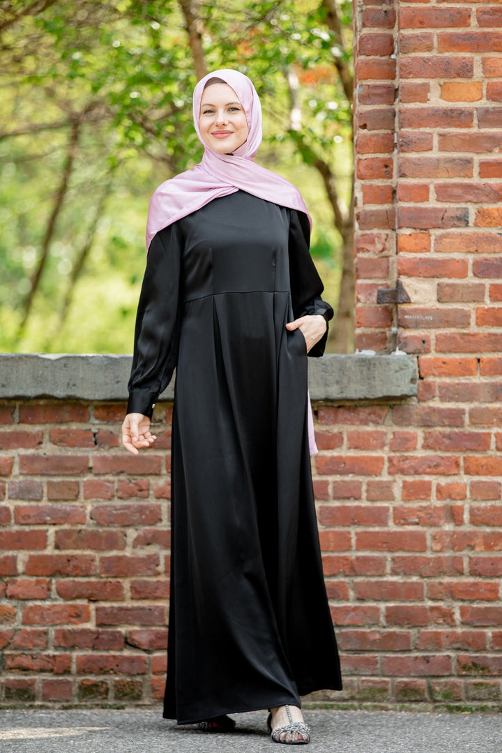 Black Satin Pockets Long Sleeves Maxi Dress-CLEARANCE