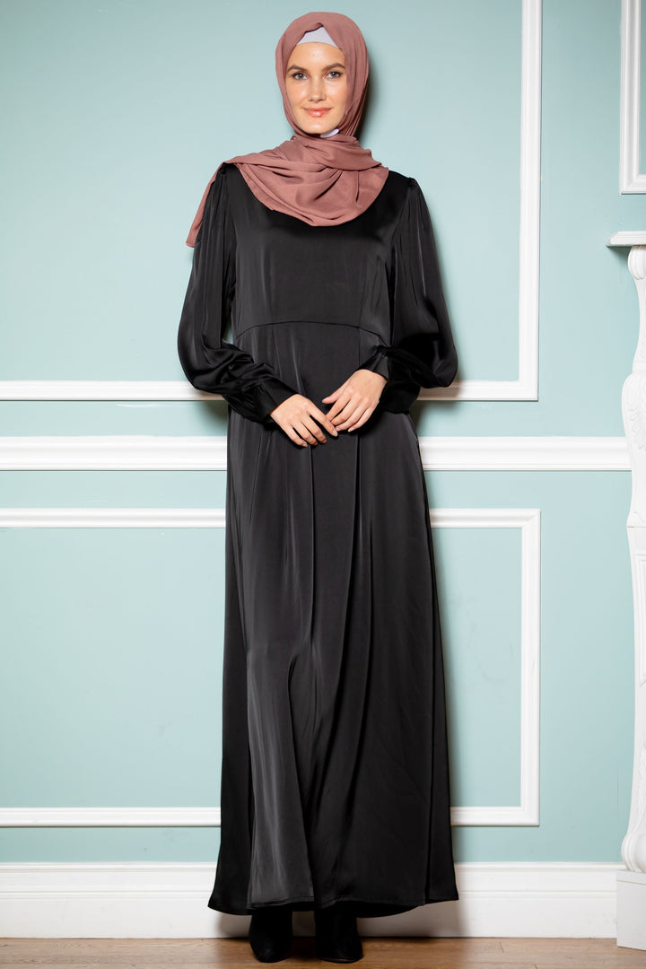 Black Satin Pockets Long Sleeves Maxi Dress-CLEARANCE