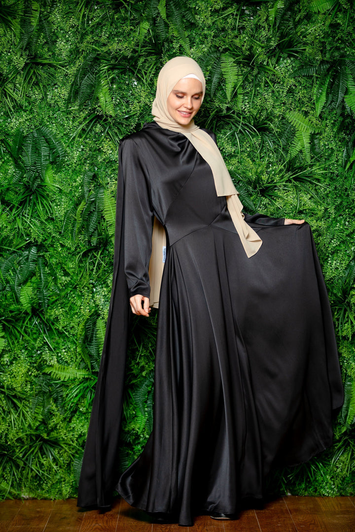 Black Satin Shoulder Cape Long Sleeve Gown-CLEARANCE - Urban Modesty