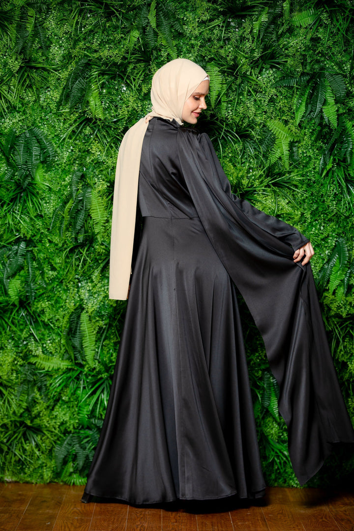 Black Satin Shoulder Cape Long Sleeve Gown-CLEARANCE - Urban Modesty