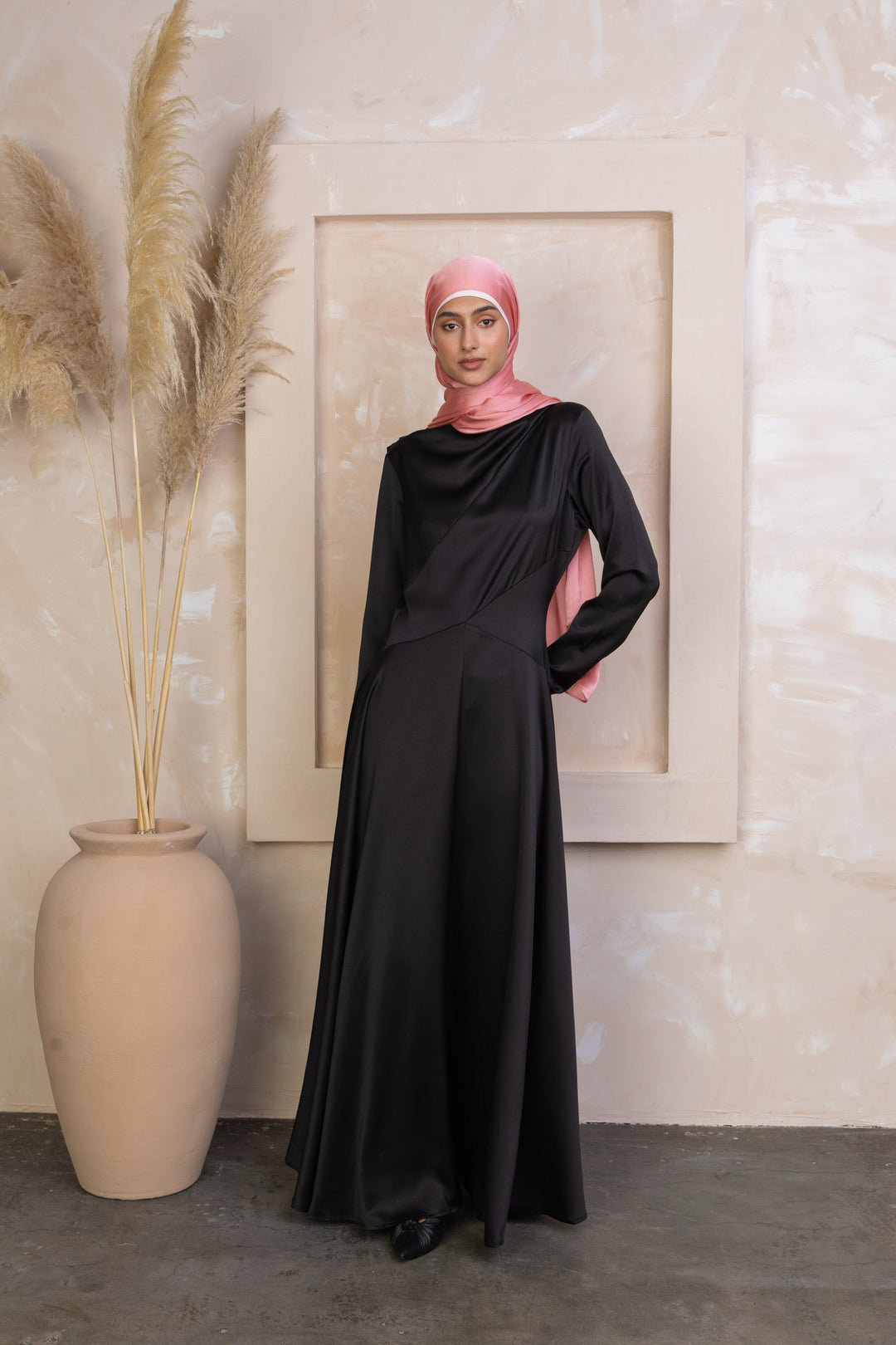 Black Satin Shoulder Cape Long Sleeve Gown-CLEARANCE - Urban Modesty