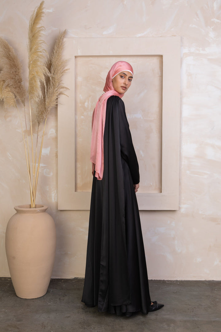 Black Satin Shoulder Cape Long Sleeve Gown-CLEARANCE - Urban Modesty