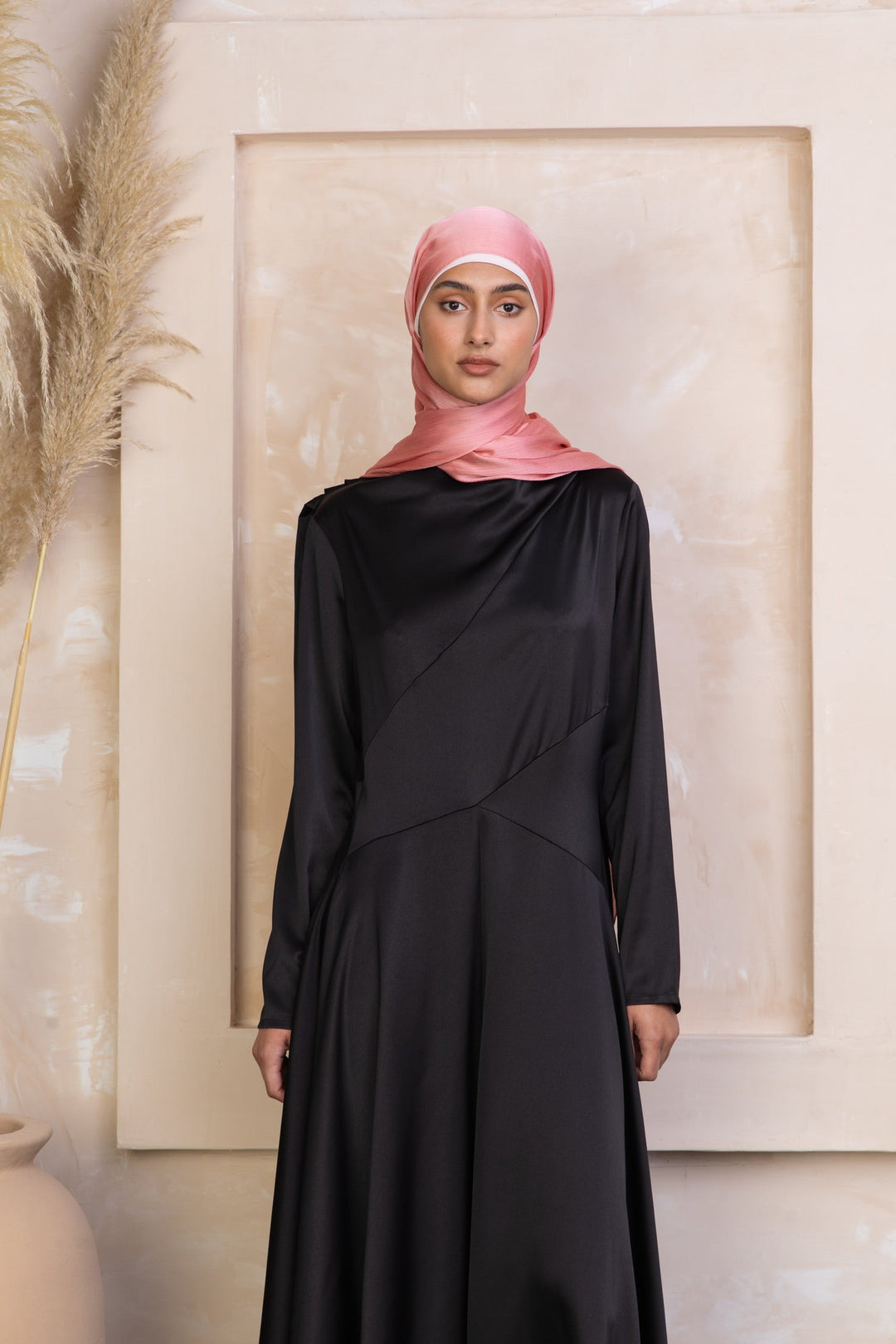 Black Satin Shoulder Cape Long Sleeve Gown-CLEARANCE - Urban Modesty