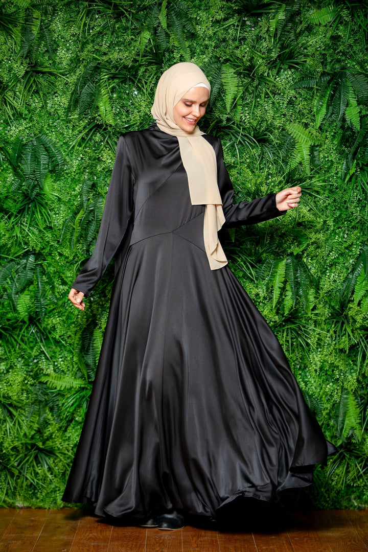 Black Satin Shoulder Cape Long Sleeve Gown-CLEARANCE - Urban Modesty