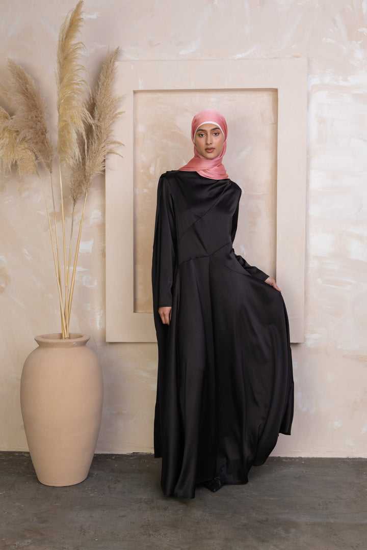 Black Satin Shoulder Cape Long Sleeve Gown-CLEARANCE - Urban Modesty