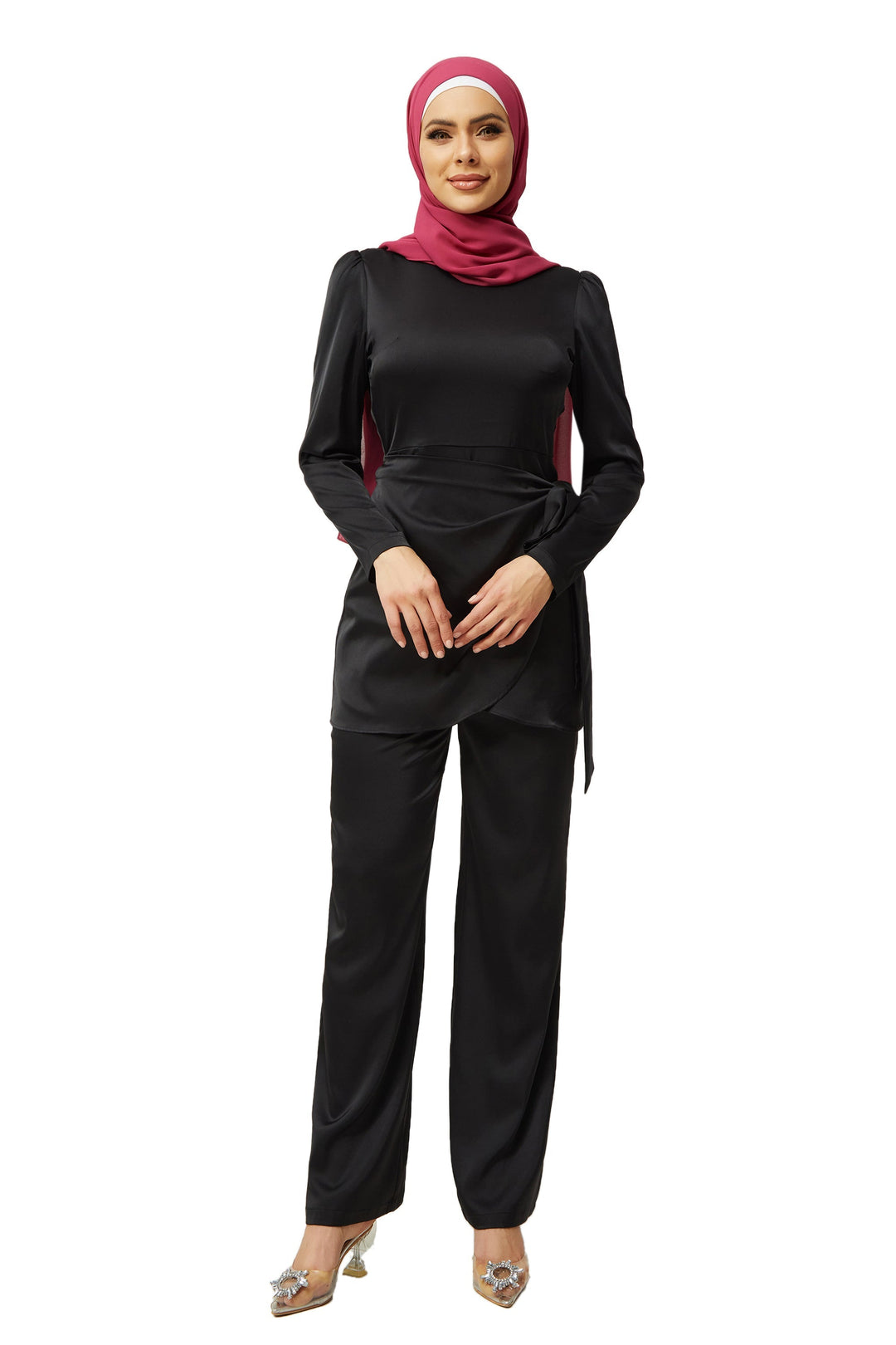 Black Satin Side Wrap Tunic & Pant Set