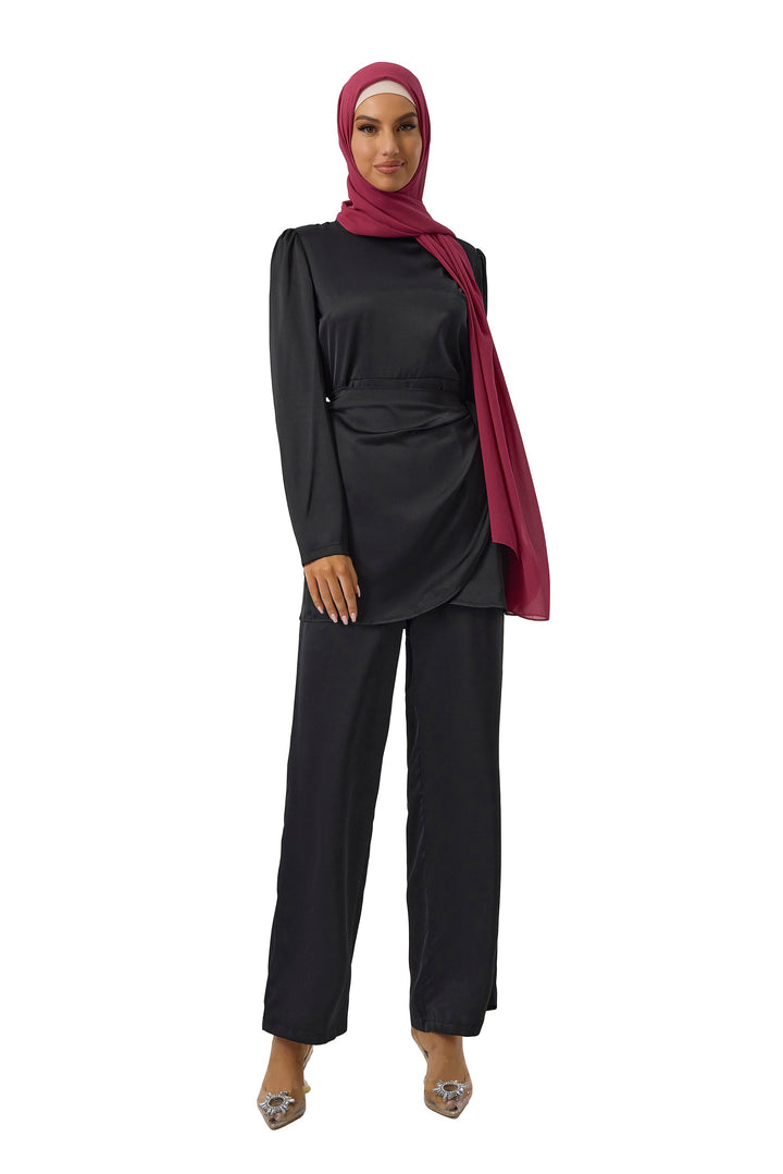 Black Satin Side Wrap Tunic & Pant Set