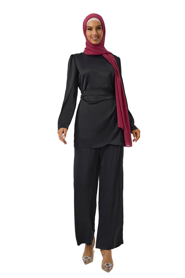 Black Satin Side Wrap Tunic & Pant Set