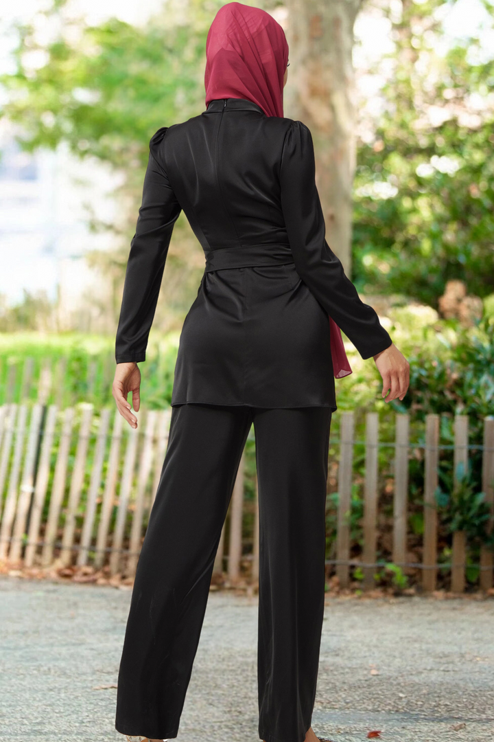 Black Satin Side Wrap Tunic & Pant Set