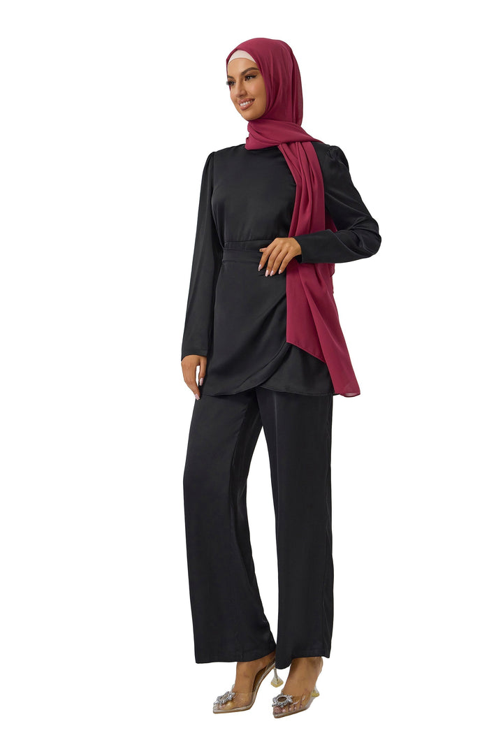 Black Satin Side Wrap Tunic & Pant Set