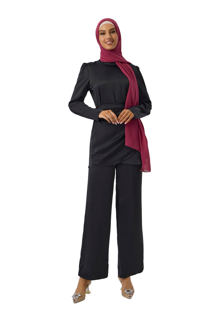 Black Satin Side Wrap Tunic & Pant Set