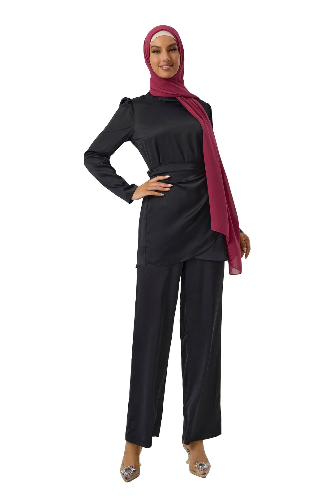 Black Satin Side Wrap Tunic & Pant Set