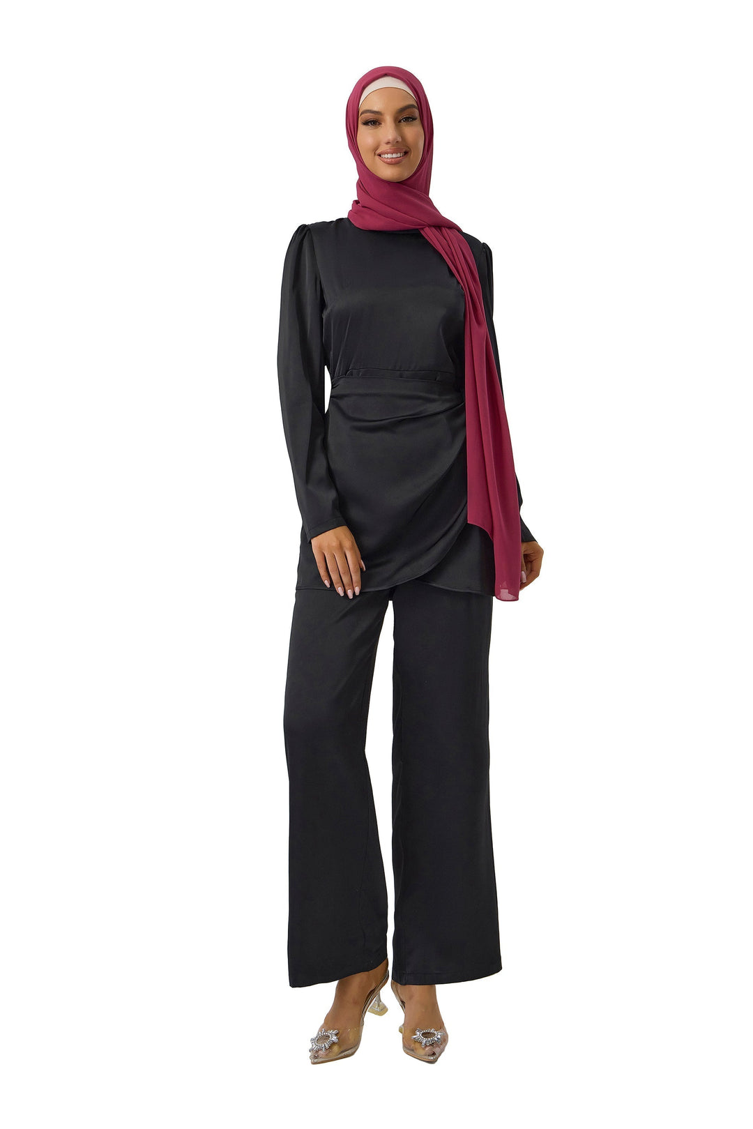 Black Satin Side Wrap Tunic & Pant Set