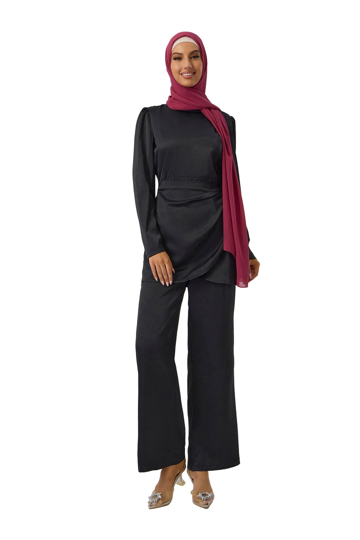 Black Satin Side Wrap Tunic & Pant Set