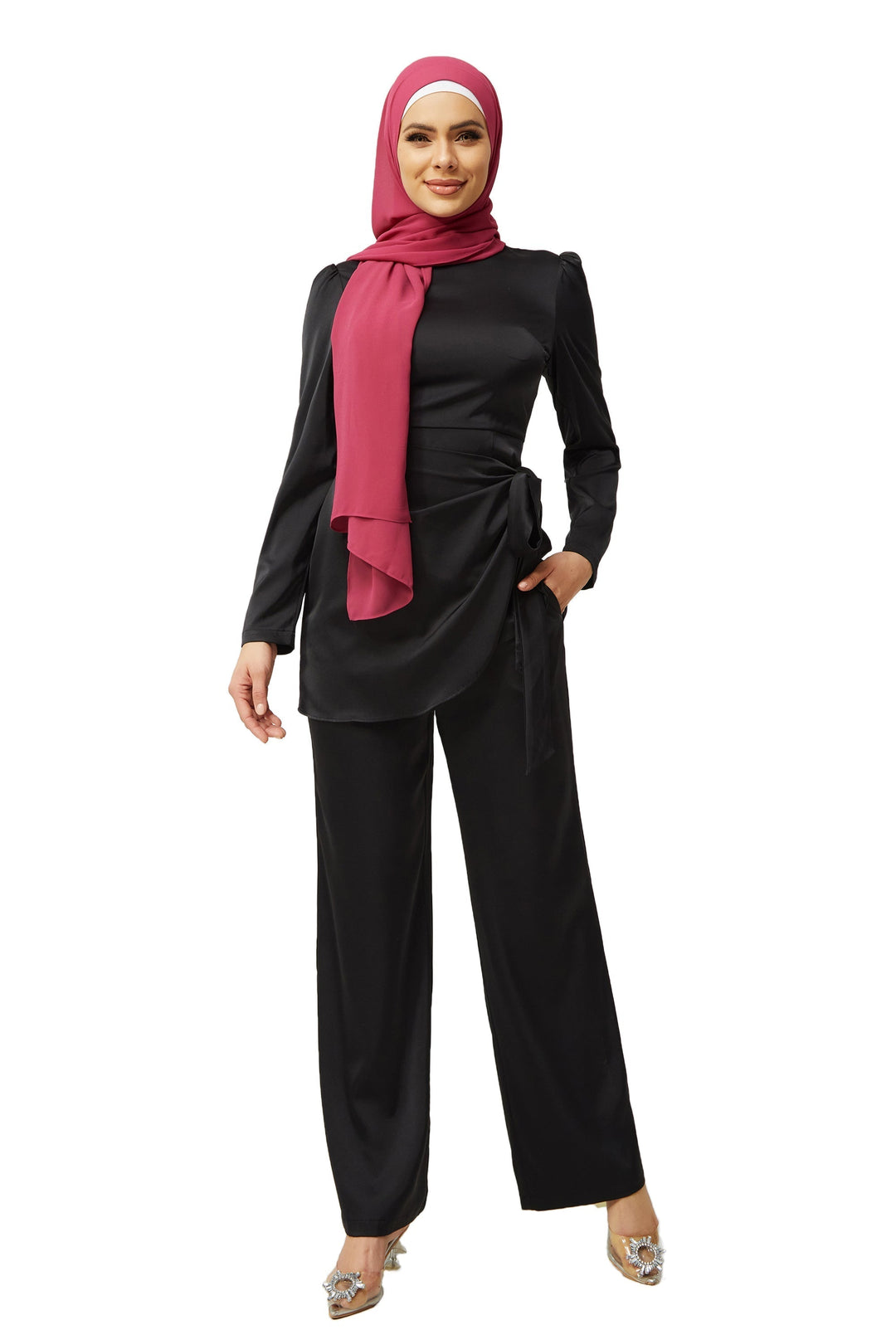 Black Satin Side Wrap Tunic & Pant Set