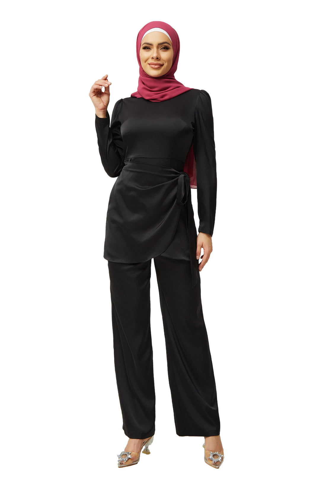 Black Satin Side Wrap Tunic & Pant Set