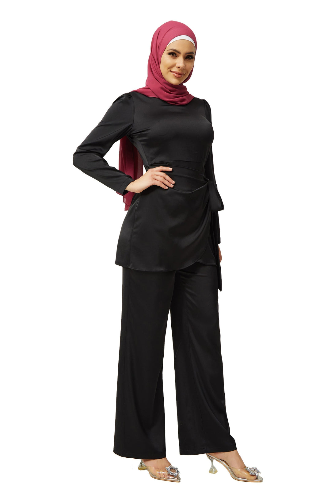 Black Satin Side Wrap Tunic & Pant Set