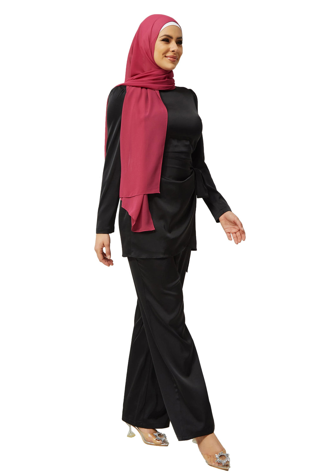 Black Satin Side Wrap Tunic & Pant Set