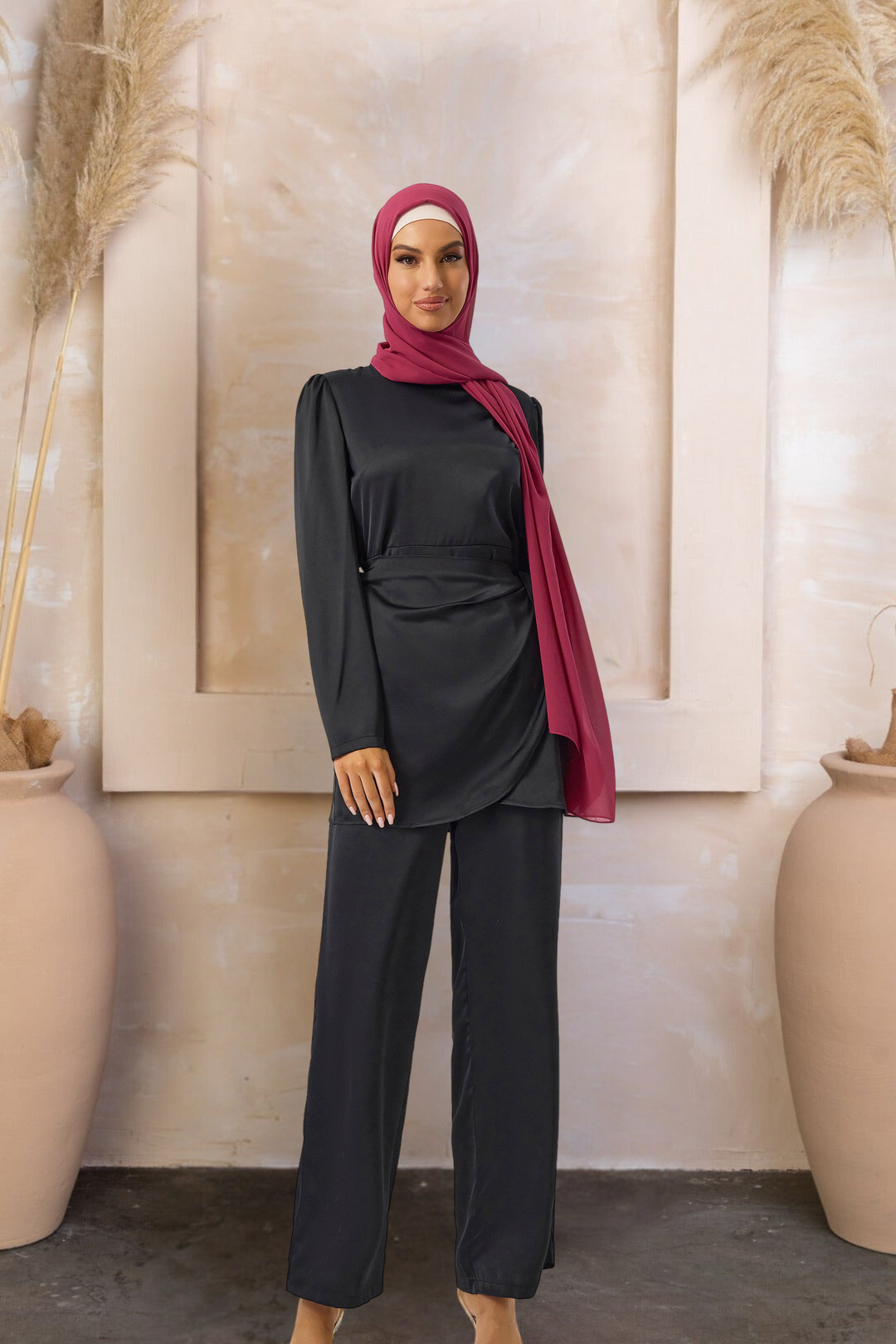 Black Satin Side Wrap Tunic & Pant Set