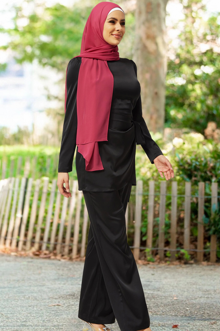 Black Satin Side Wrap Tunic & Pant Set