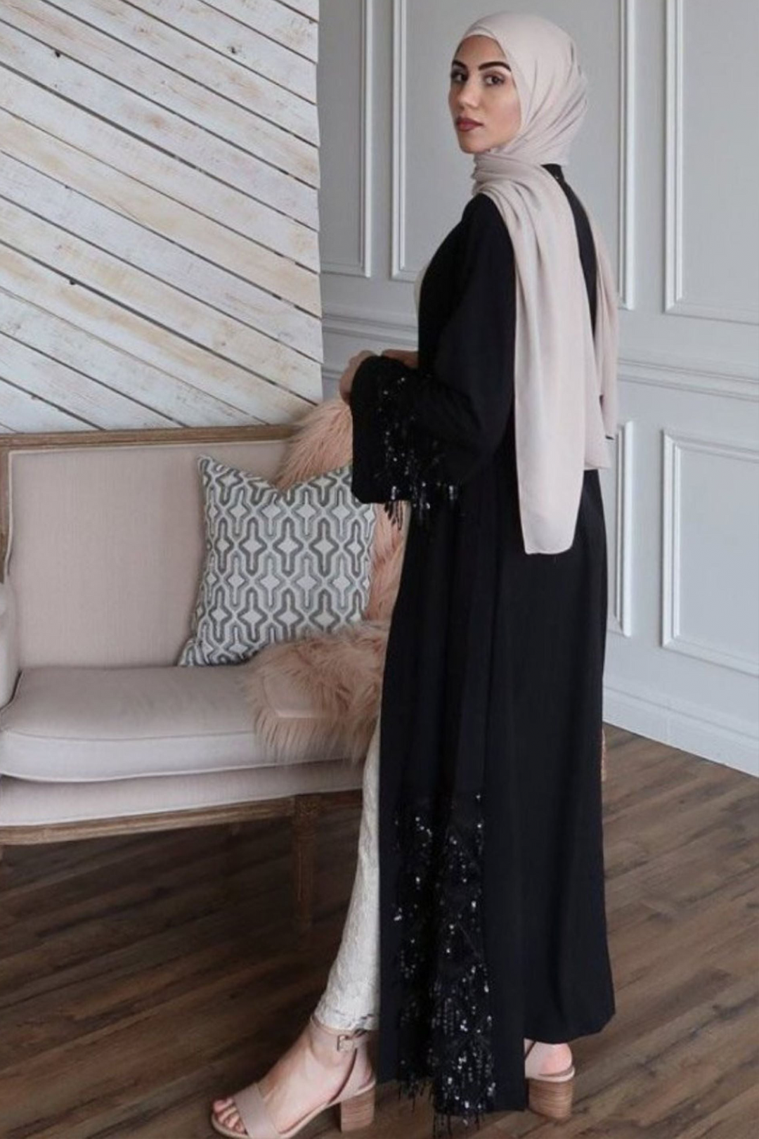 Black Sequin Fringe Open Front Abaya-CLEARANCE - Urban Modesty