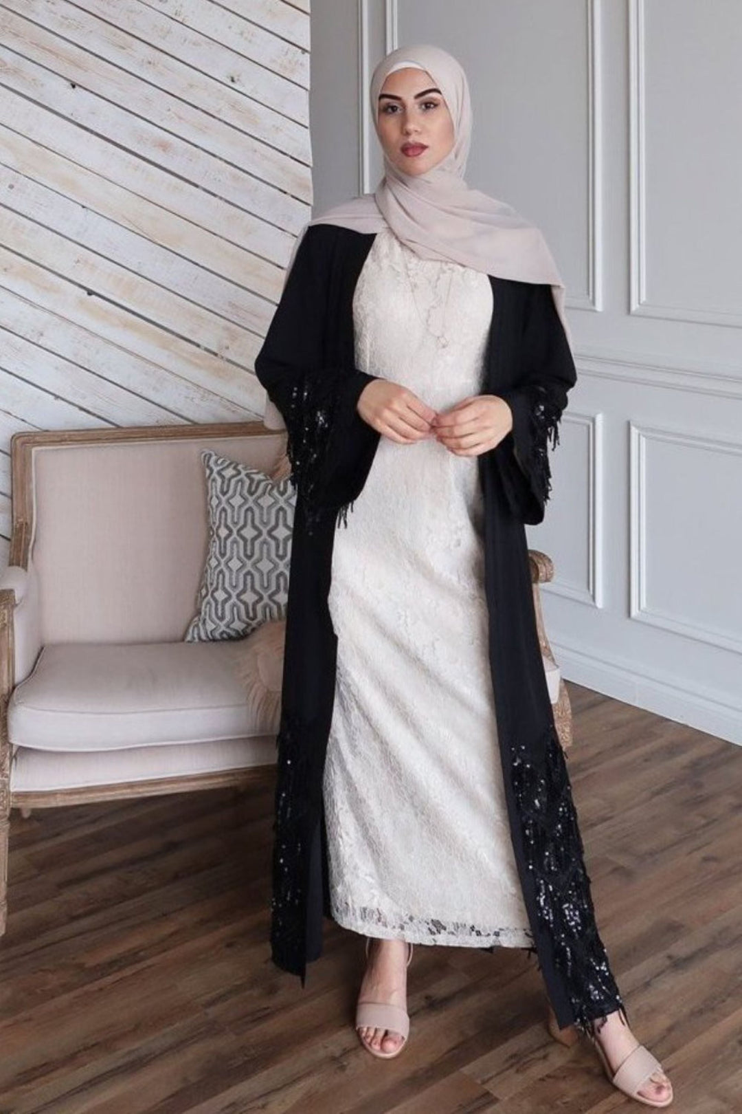 Black Sequin Fringe Open Front Abaya-CLEARANCE - Urban Modesty