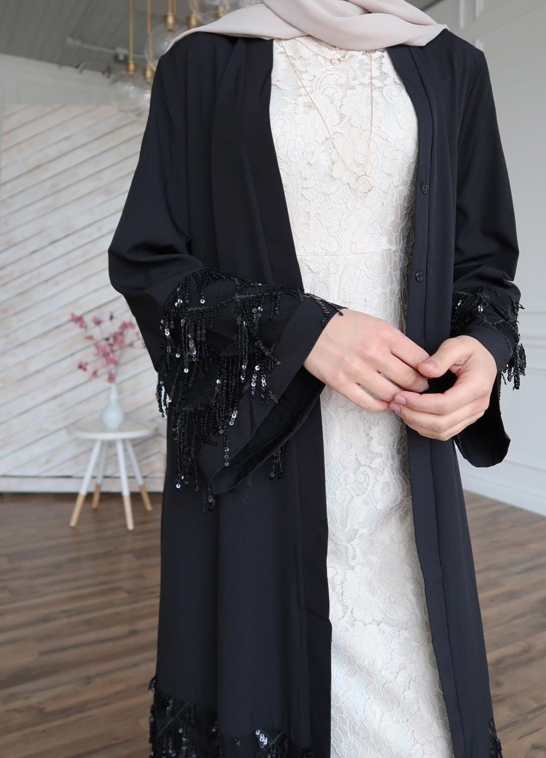 Black Sequin Fringe Open Front Abaya-CLEARANCE - Urban Modesty