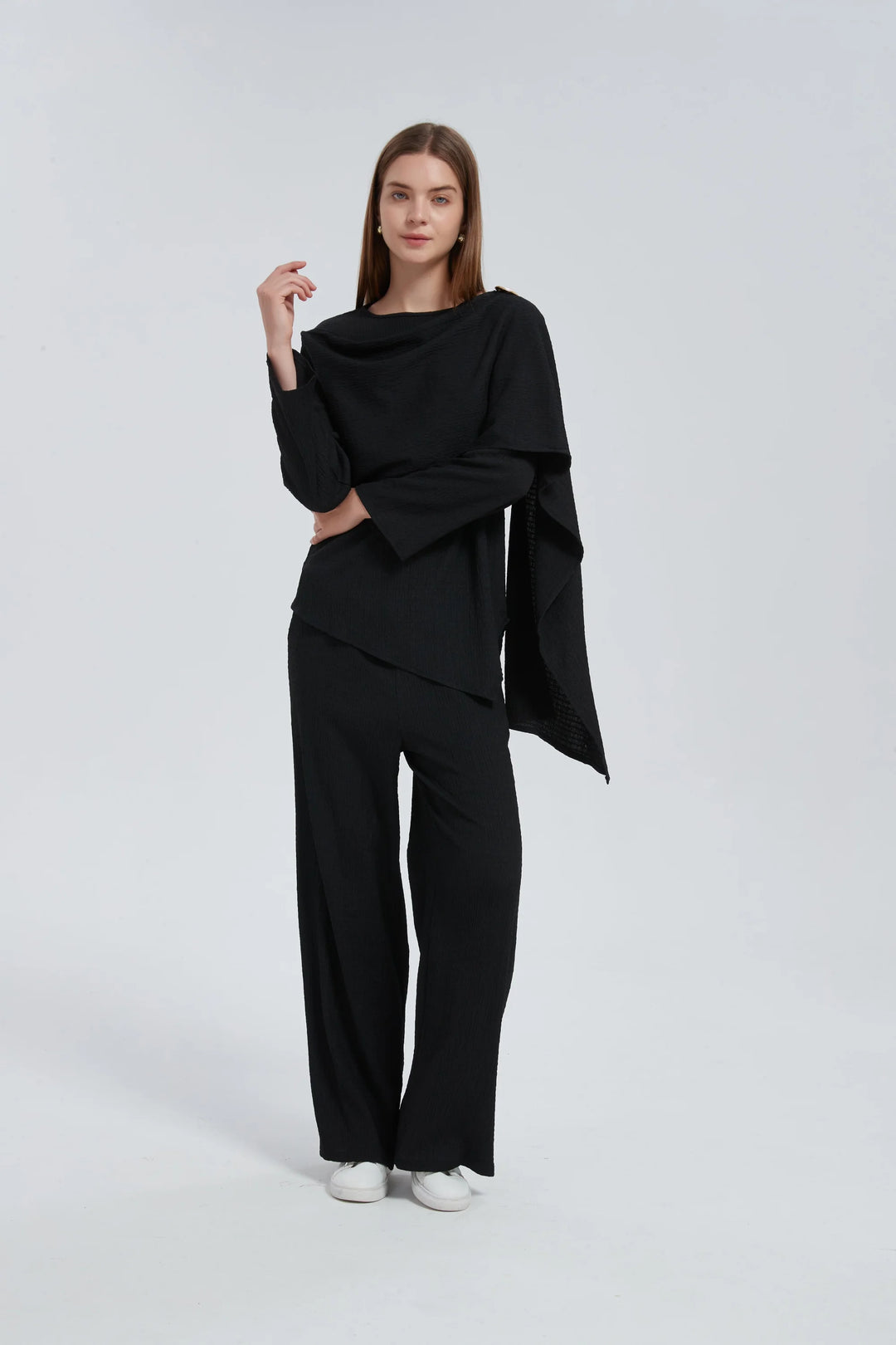 Side Draped Pants Set - One Size (S-L) / Black