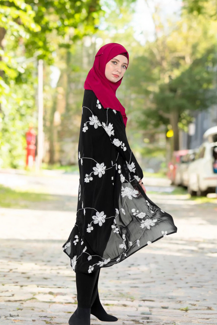 Black and White Embroidered Sheer Midi Cardigan