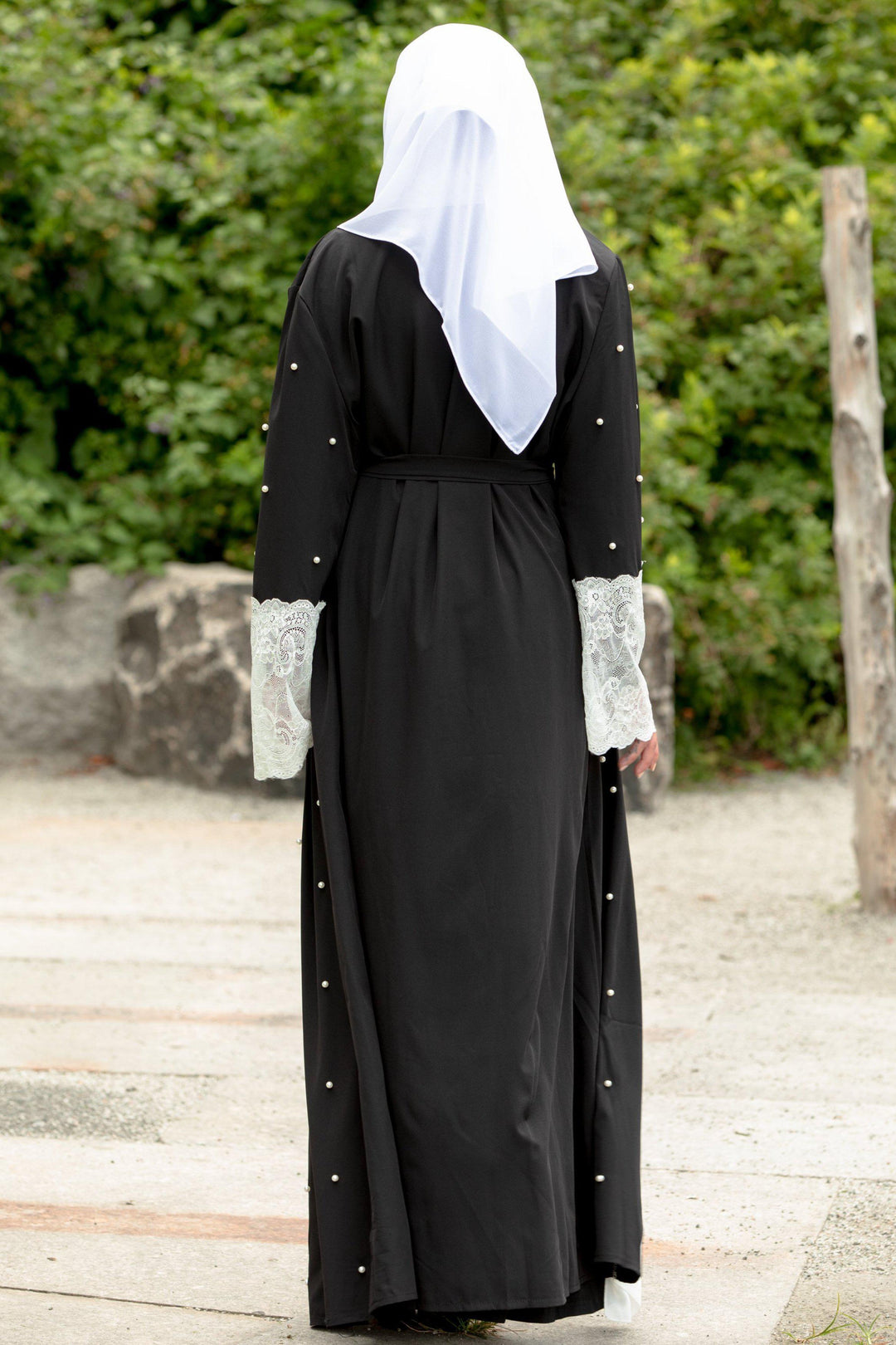 Black and White Pearl Open Front Abaya-PREORDER