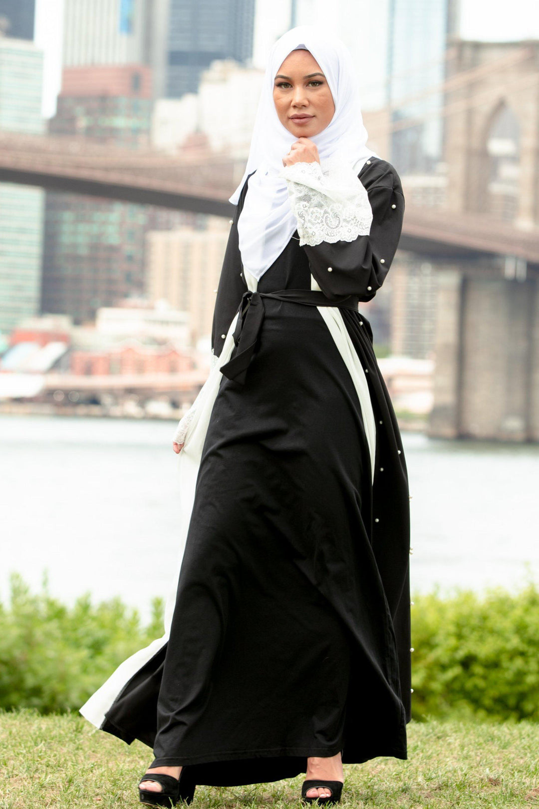 Black and White Pearl Open Front Abaya-PREORDER