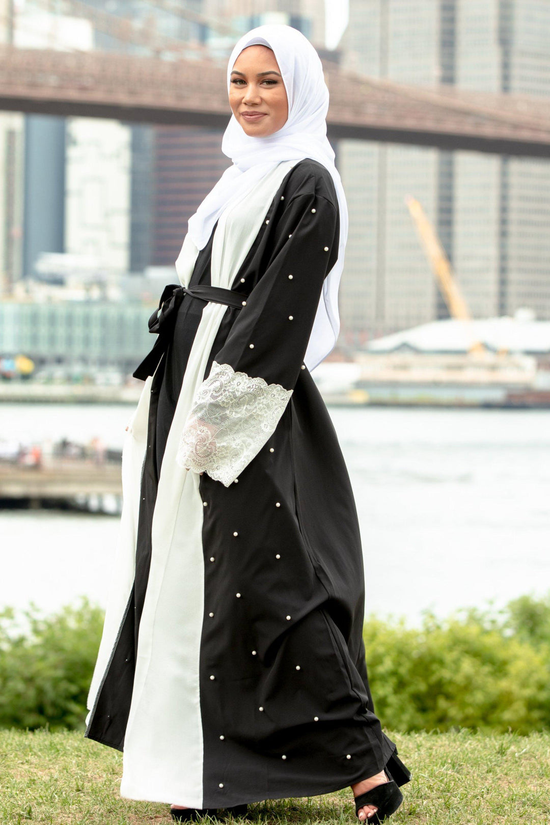 Black and White Pearl Open Front Abaya-PREORDER