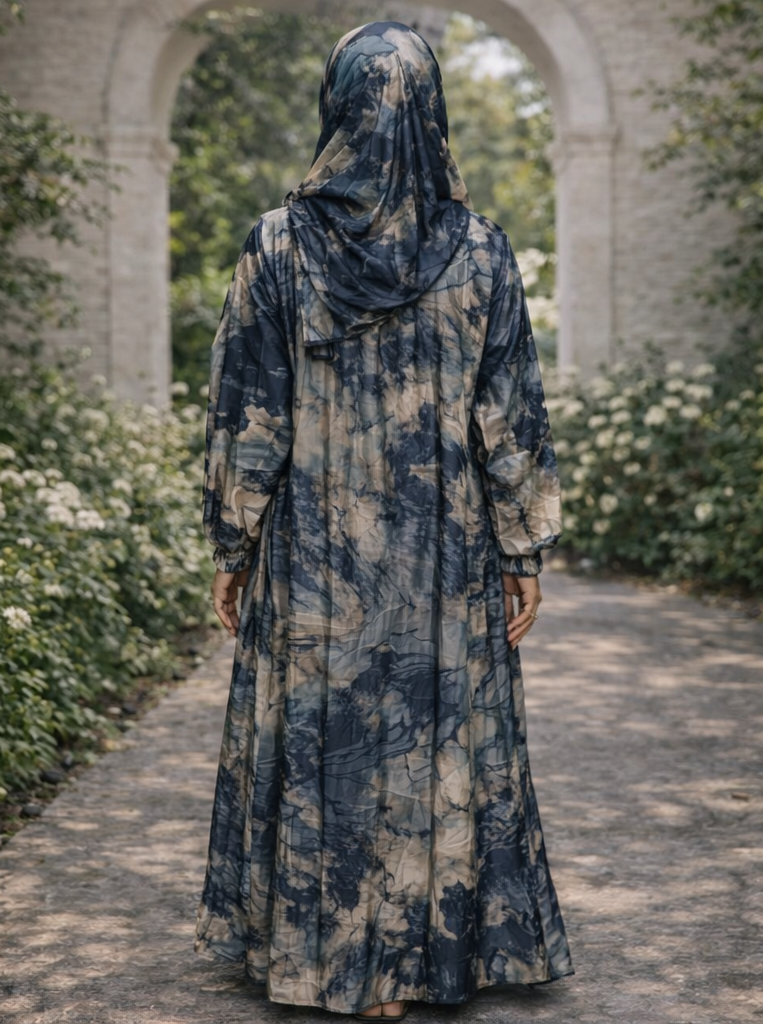 Rear view of Blue Abstract One Piece Salah Prayer Outfit in a garden setting.
