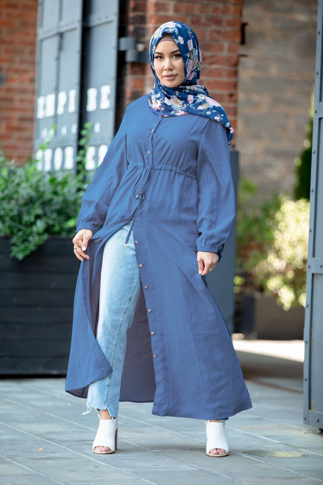 Blue Button Down Drawstring Non-Sheer Maxi Cardigan - Urban Modesty