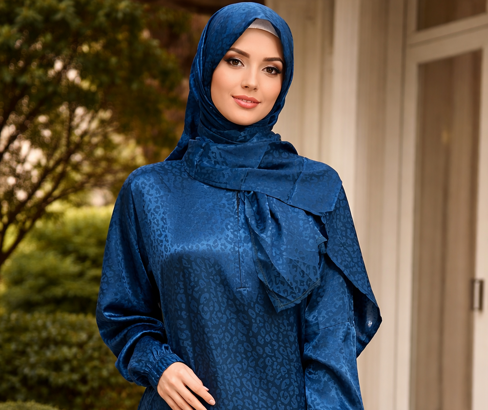 Woman wearing Blue Cheetah One Piece Salah Prayer Outfit in soft, breathable fabric, perfect for Hajj or Umrah.