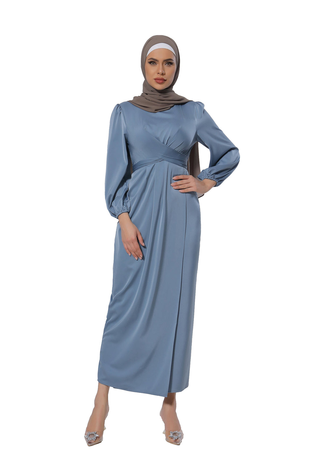 Blue Criss Cross Satin Faux Wrap Maxi Dress-CLEARANCE - Urban Modesty