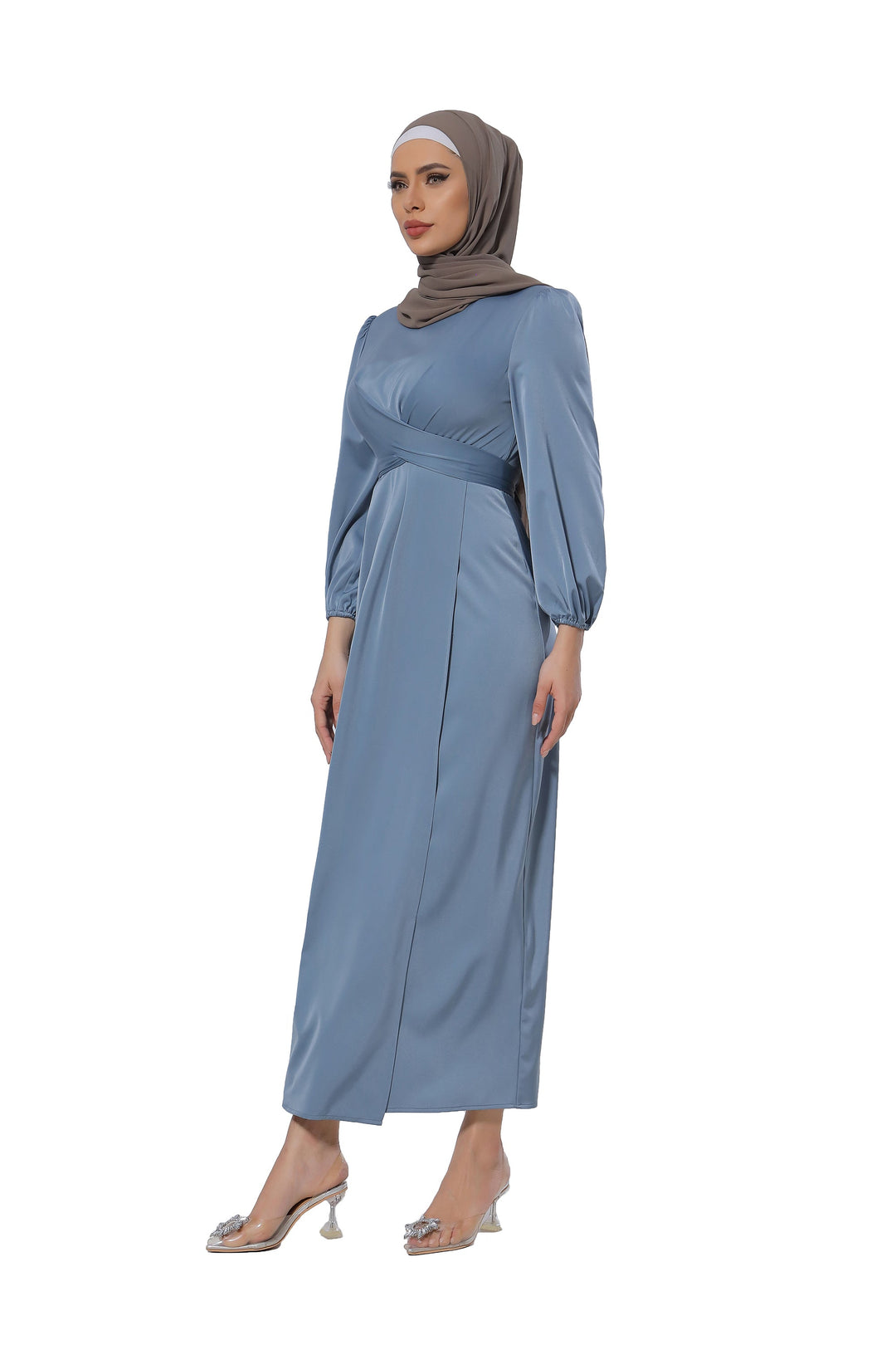 Blue Criss Cross Satin Faux Wrap Maxi Dress-CLEARANCE - Urban Modesty