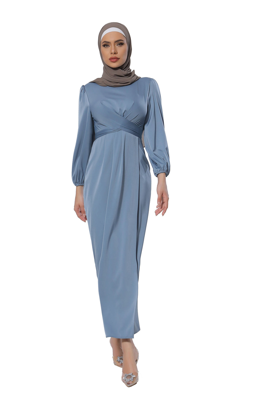 Blue Criss Cross Satin Faux Wrap Maxi Dress-CLEARANCE - Urban Modesty