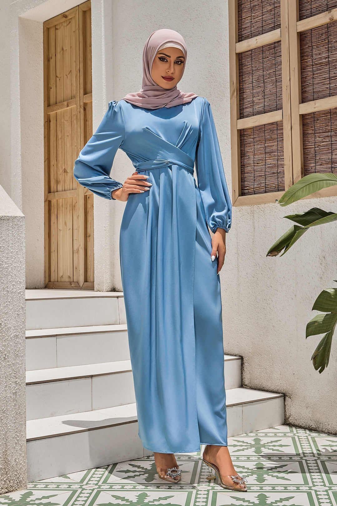 Blue Criss Cross Satin Faux Wrap Maxi Dress-CLEARANCE - Urban Modesty