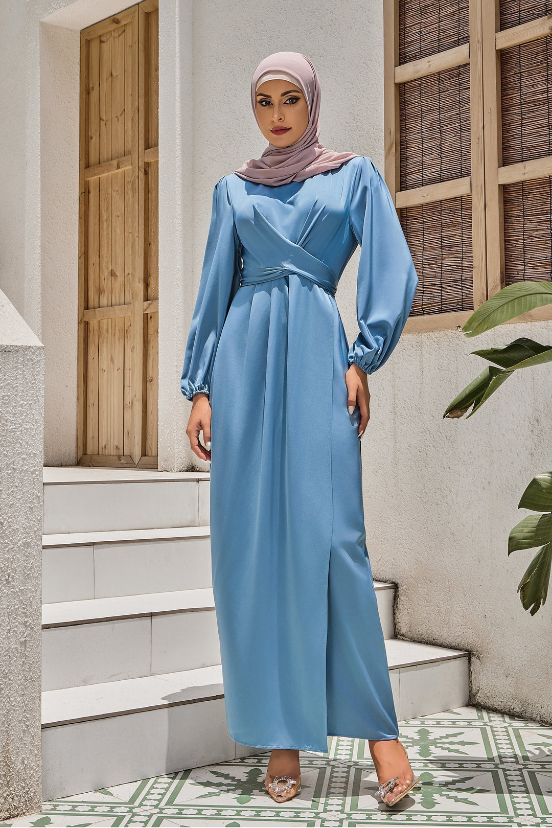 Blue Criss Cross Satin Faux Wrap Maxi Dress-CLEARANCE - Urban Modesty